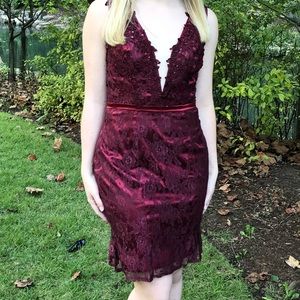 Custom Lace Appliqué Satin Cocktail Dress Custom S Maroon Burgandy beaded detail